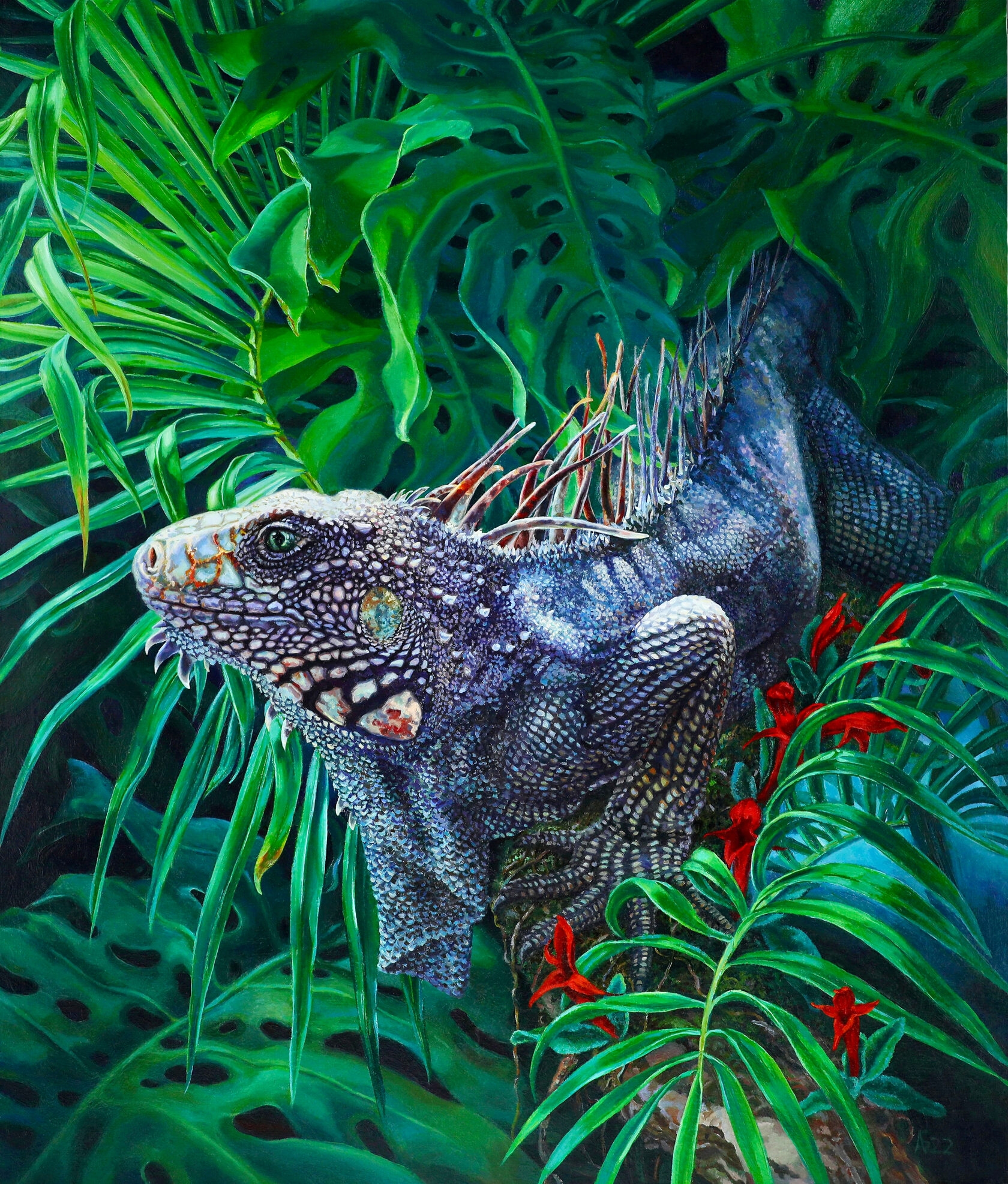 Картина маслом на холсте игуана, тропический пейзаж, авторская художника