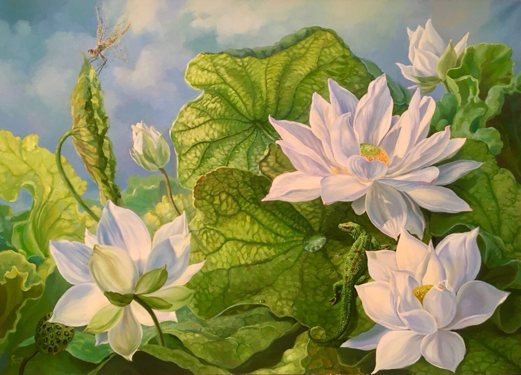 Картина маслом на холсте лотос, цветы, пейзаж авторская художника